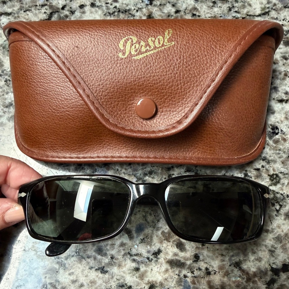 Persol 2721-S Sunglasses Black Polarized Green Lens Italy 56-16 Rectangle Case